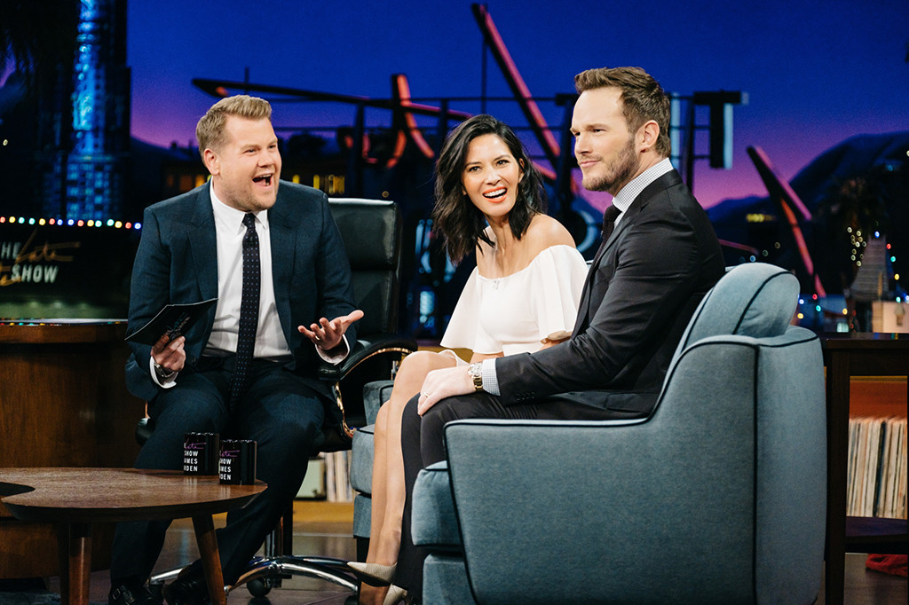 Olivia Munn, Chris Pratt, James Corden, The Late Late Show Olivia Munn, Chris Pratt, James Corden, The Late Late Show